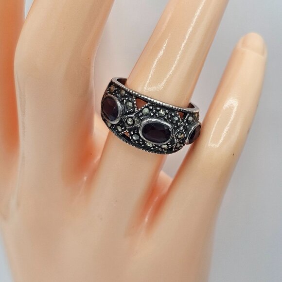 Vintage Sterling Purple Stone Marcasite Ring Intricate Filigree Design Sz 7 - Picture 7 of 9